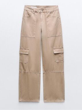 Zara Khaki Cargo Pants Wide Leg Utility Patch Pockets High Rise Khaki Tan